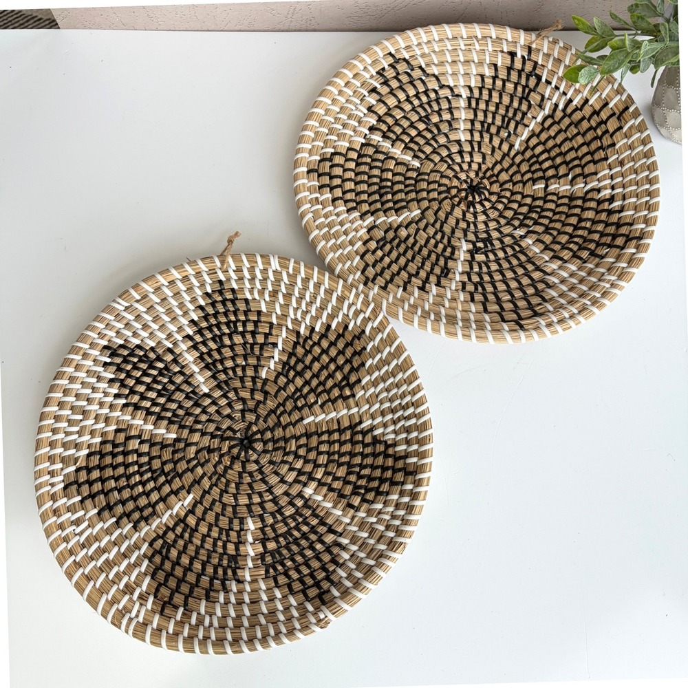 Set of 2 Woven Seagrass Wall Baskets Black White Natural 12 Inch Boho Decor